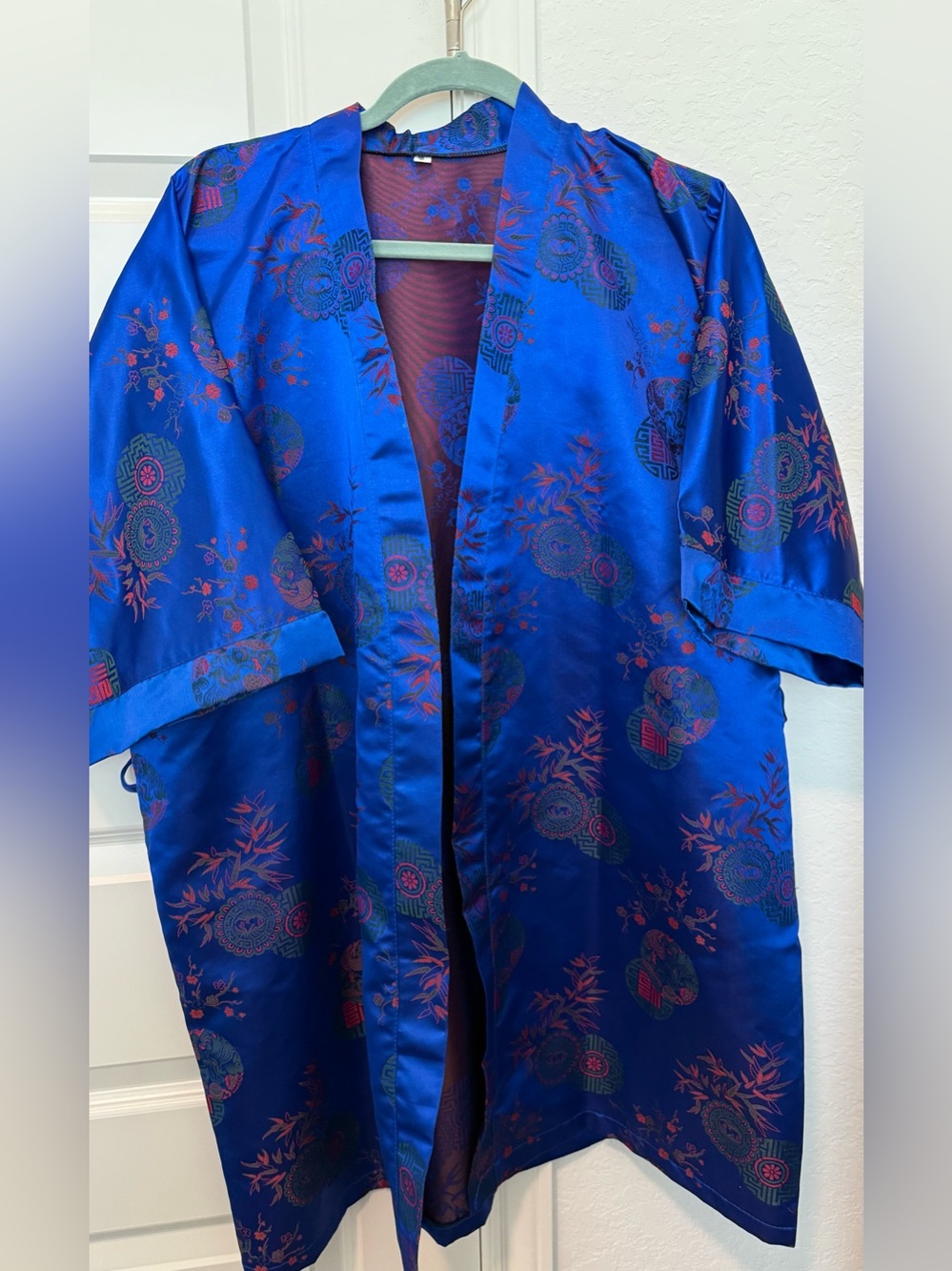 Vintage Royal Blue Floral Jacquard  silky satin Kimono Robe or duster